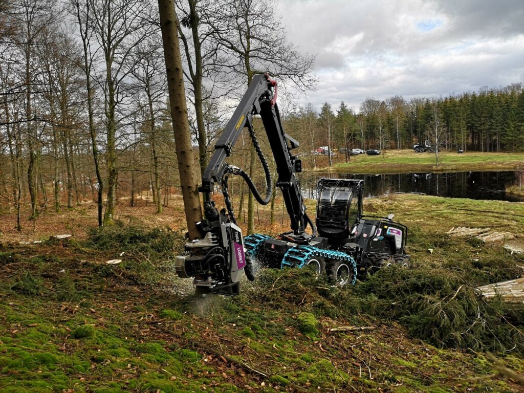 Metsänkorjuukone kaataa puun työskennellessään rinteessä.