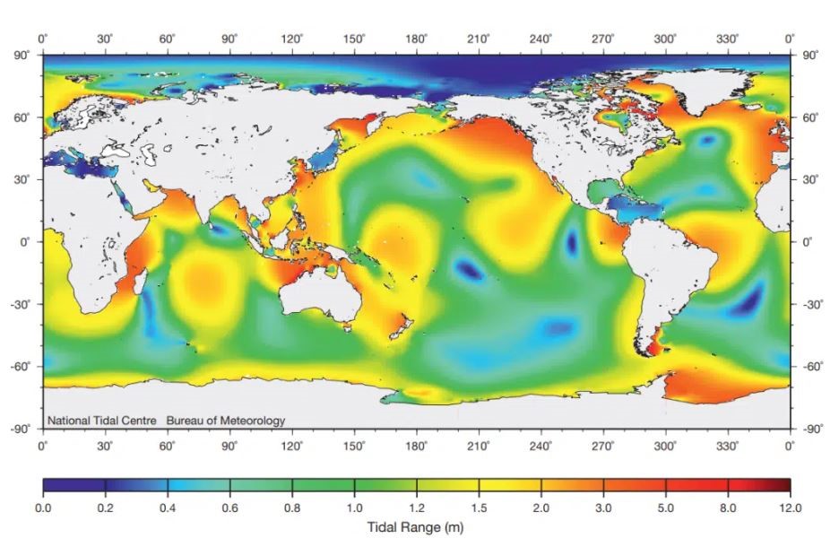 World atlas illustration showing tidal wave range across the globe.