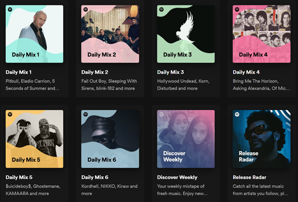 An image showing a list of playlists found on Spotify, including 6 "Daily Mix," "Discover Weekly," and "Release Radar" playlists.