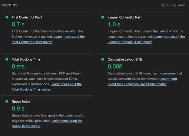 The Google Lighthouse score of Filmmash which shows a near-perfect score on all categories, especially on the Total Blocking Time which indicates there is no time-to-interactive delay,