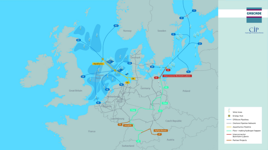Map of european hydrogen supply pipelines onshore and offshore.
