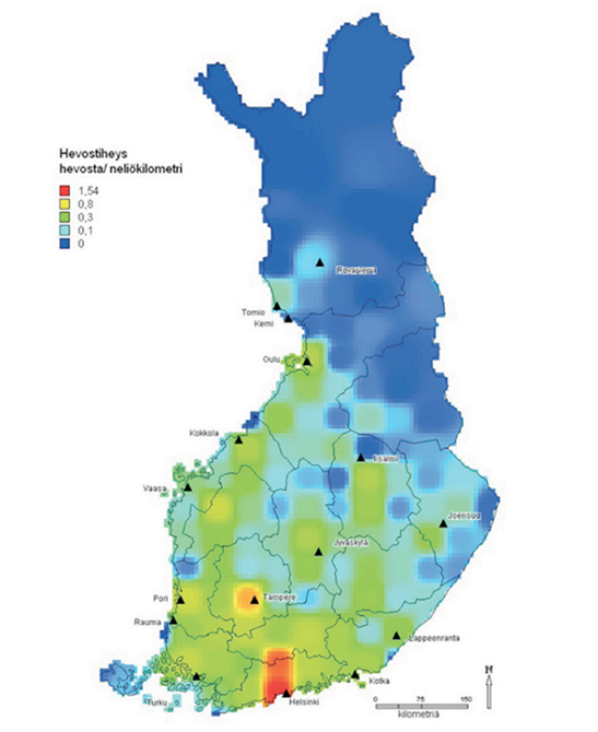 Suomen kartalle on värein kuvattu hevosten keskimääräistä määrää neliökilometrillä. Pääkaupunkiseudulla hevosia on eniten, yli lähes 2 hevosta neliökilometrillä ja toiseksi eniten Tampereen seudullanoin 1 hevonen neliökilometrillä..