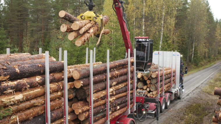 Tukkirekka seisoo tien varressa. Se on lähes täyteen lastattu tukkeja. Parasta-aikaa auton nosturi nostaa uutta tukkikuormaa autoon. Auton takana näkyy syksyinen sekametsä.