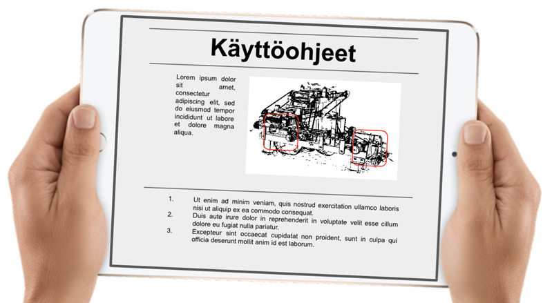 Tablettia tai pad, josta voidaan lukea käyttöohjeet digitaalisessa muodossa. Vanhenevassa konedirektiivissä käyttöohjeet tuli aina esittää paperikopioilla. Tällä kuvalla havainnollistetaan kuinka uudessa EU koneasetuksessa käyttöohjeet voidaan antaa digitaalisessa muodossa tietyin ehdoin.