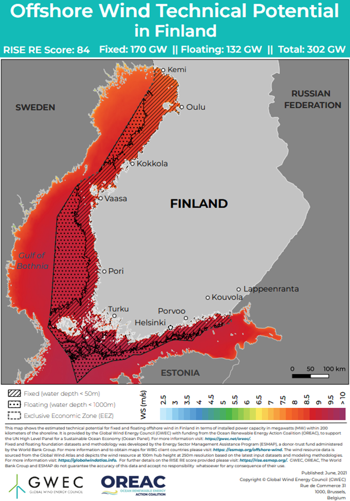 Suomesta vastaava karttakuva merituulivoimalle sopivista alueista kuin aiemmin esitettiin espanjasta. Kartassa näkyy rannikkoalueiden sopivan kiinteälle merituulivoimalle ja kelluville sopivia alueita on pääosin Porin edustalla, sekä Oulu-Kokkola välisellä merialueella noin 50km rannikosta sekä avomerellä Saaristomeren eteläpuolella. 