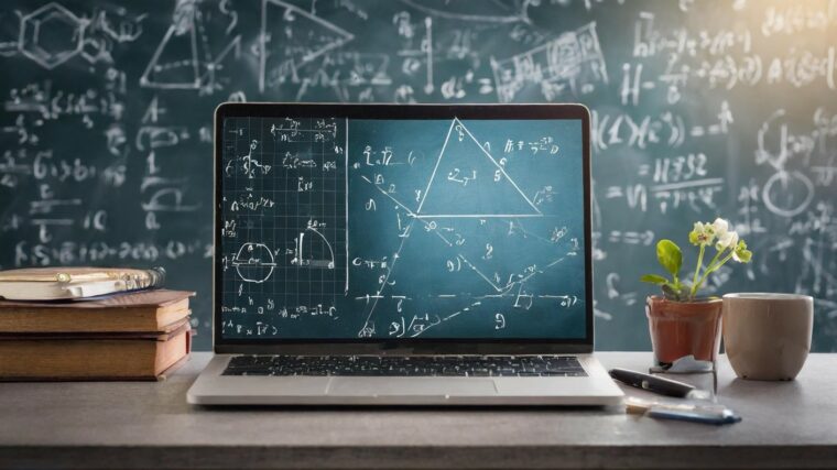 Pöydällä oleva tietokone, näytössä matemaattisia kaavoja.