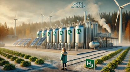 AI generated picture of green hydrogen tanks, smoke and wind turbines.