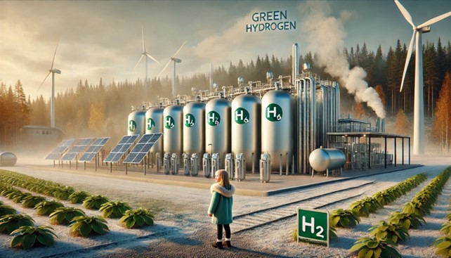 AI generated picture of green hydrogen tanks, smoke and wind turbines.