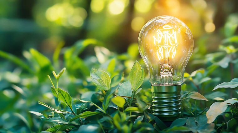 Maasta lehtien seasta kasvava lamppu, jossa palaa valo.