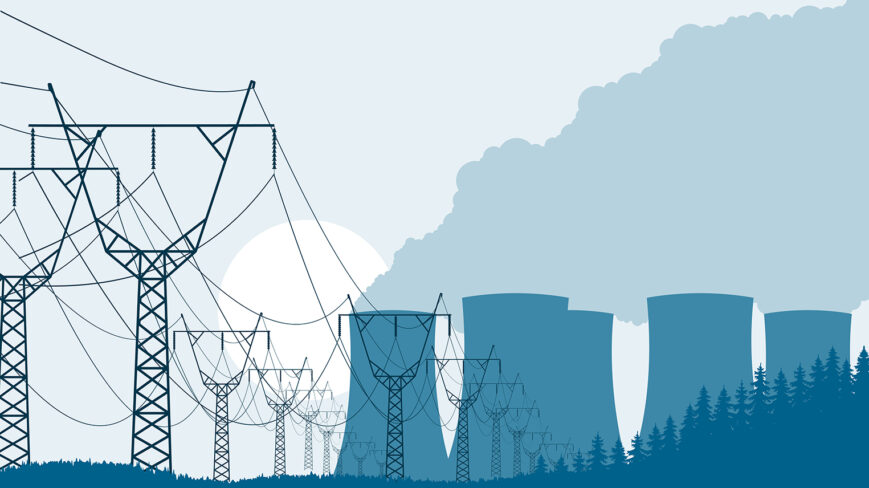 Sinisävyinen kuvituskuva voimalinjoista ja ydinvoimaloista.