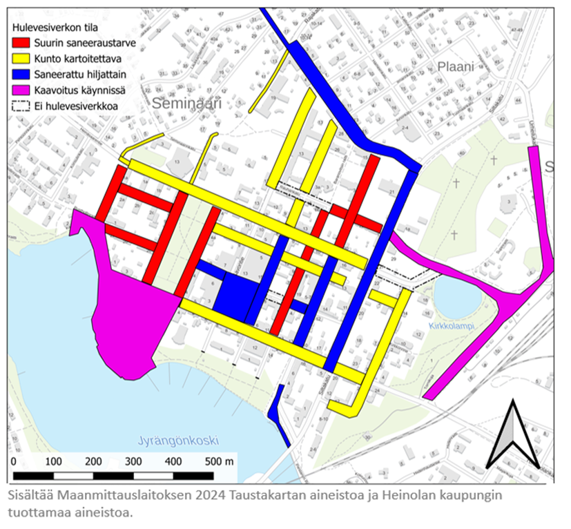 Karttakuva Heinolan keskustasta. Kartassa on eri värien avulla kuvattu hulevesijärjestelmän tilaa alueella.