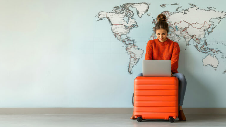 Opiskelija istuu matkalaukun päällä ja on kannettavalla tietokoneellaan.