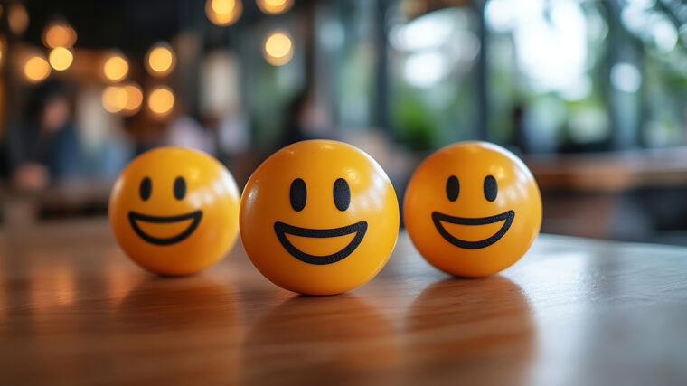 Kolme iloista hymynaamaa toimistopöydällä.