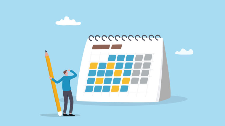 Piirretty kuva kalenterista, sen edessä piirretty ihminen iso lyijykynä kädessään.