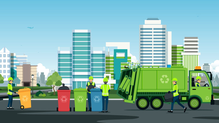 Piirretty kuva roska-autosta, roska-auton kuljettajista, roskapöntöistä sekä kaupungista taustalla.