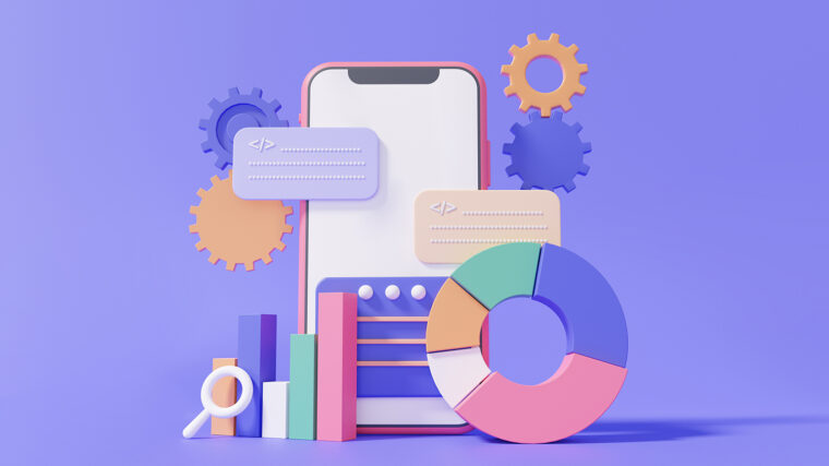 3D-kuvitus älypuhelimesta, jota ympäröivät teknologiaa ja dataa symboloivat elementit: kaksi koodikuplaa, kolme eriväristä ratasta, suurennuslasi, monivärisiä pylväsdiagrammeja ja jaettu ympyrädiagrammi. Taustaväri on violetti.