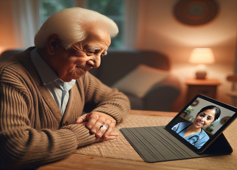Vanhempi mieshenkilö käyttää tablettia. Tabletissa videopuhelu lääkärin kanssa.