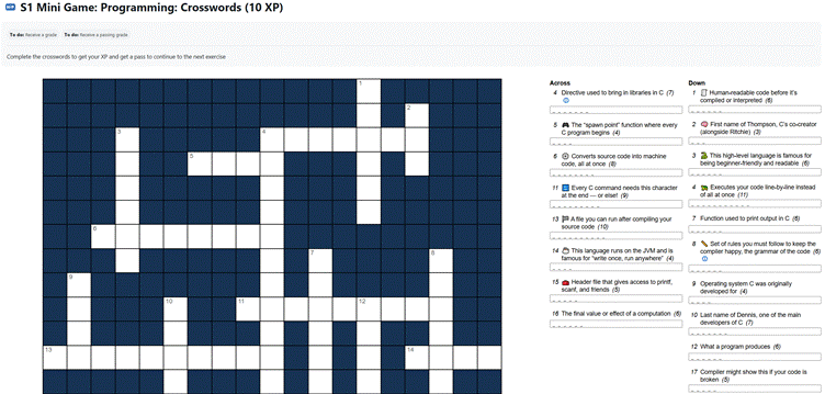 sanaristikko nimeltä "S1 Mini Game: Programming: Crosswords (10 XP)", joka liittyy ohjelmointiin. Tarkoituksena on täyttää ristikko oikein saadakseen kokemuspisteitä (XP) ja päästäkseen seuraavaan harjoitukseen.
