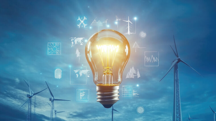 Taka-alalla tuulivoimaloita ja niiden päällä hehkuva lamppu.