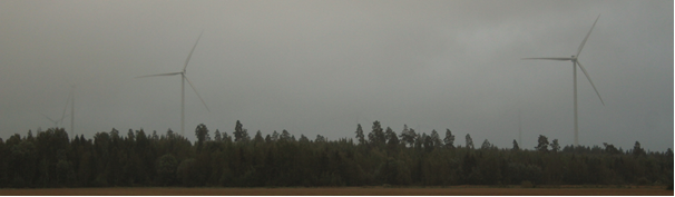 Metsän sivuprofiili, harmaa taivas ja kaksi haaleasti erottuvaa tuulivoimalaa.