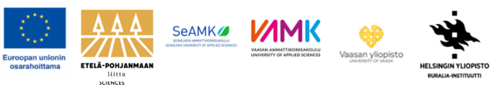 Euroopan lippu ja teksti Euroopan unionin osarahoittama; Etelä-Pohjanmaan liiton logo; SeAMK logo; VAMK logo; Vaasan yliopiston logo ja Helsingin yliopiston Ruralia-instituutin logo.