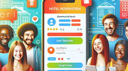 A group of people standing in front of a hotel reservation