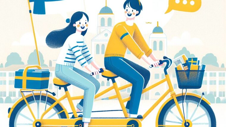 Tandem-polkupyörä, jota ajaa poika ja tyttö. Ympärillä heiluvat Suomen ja Ruotsin liput.