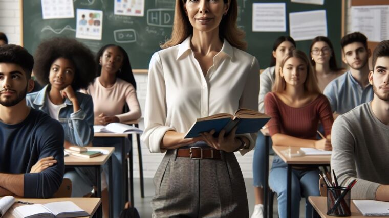 Kuvassa on tekoälyn näkemys ajattelevasta opettajasta; se on luonut luokkahuoneen liitutauluineen jossa opettaja sekä oppilaat katsovat kameraan vakavin ilmein (Assistant 2025).