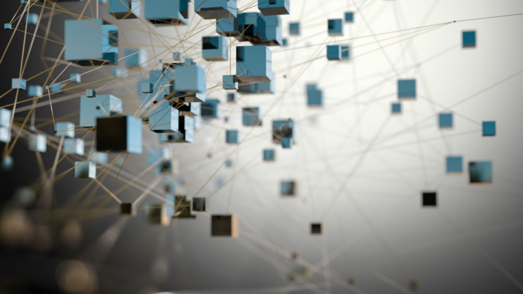 A network of blue and black cubes floating in space, connected by thin lines. The background is blurred, creating a sense of depth and complexity.