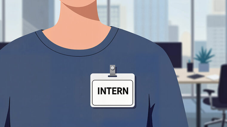 Kuvitettu kuva henkilöstä, jonka rinnassa on nimilapun tapainen lappu, jossa lukee "Intern"