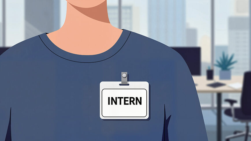 Kuvitettu kuva henkilöstä, jonka rinnassa on nimilapun tapainen lappu, jossa lukee "Intern"