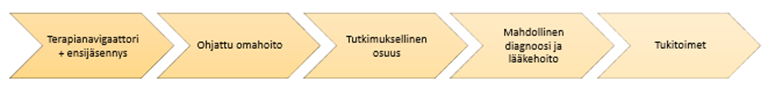 Vaiheet kuvattu nuolina vasemmalta oikealle: Terapianavigaattori, ohjattu omahoito, tutkimuksellinen osuus, mahdollinen diagnoosi ja lääkehoito, tukitoimet.