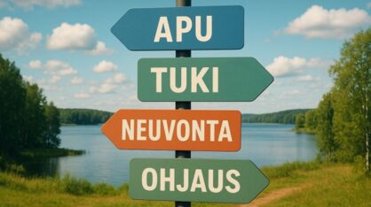 Taustalla kesäinen järvimaisema ja etualalla ikään kuin tienviitat allekkain, joissa lukee apu, tuki, neuvonta ja ohjaus.
