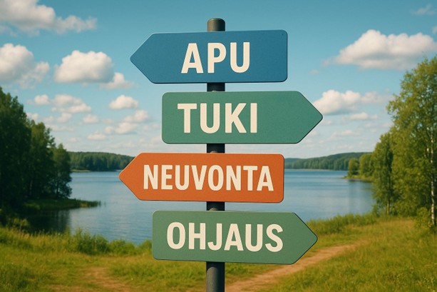 Taustalla kesäinen järvimaisema ja etualalla ikään kuin tienviitat allekkain, joissa lukee apu, tuki, neuvonta ja ohjaus.