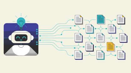 Hymyilevä robotti, jonka päällä on hehkulamppu, lähettää tietovirtoja useisiin dokumentteihin.