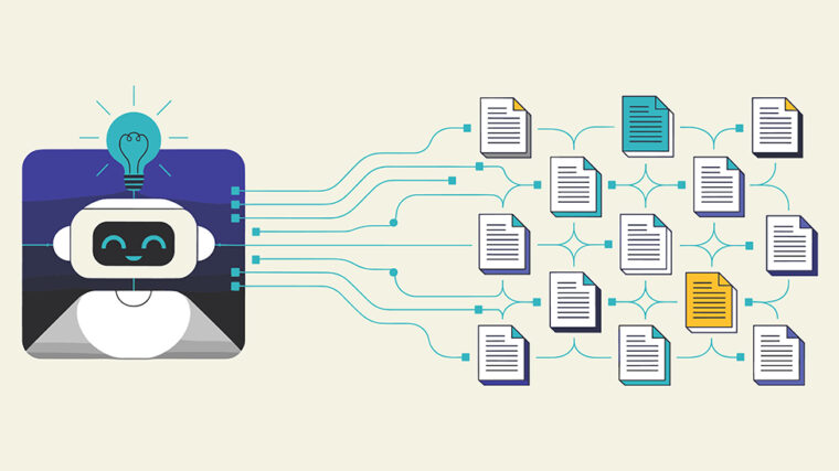 Hymyilevä robotti, jonka päällä on hehkulamppu, lähettää tietovirtoja useisiin dokumentteihin.