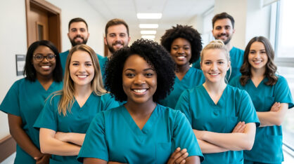 Joukko eri kulttuuritaustaisia sairaanhoitajia.