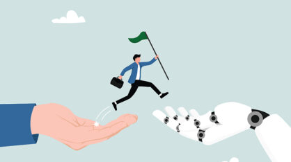 Ihminen hyppää ihmisen kädeltä robottikäden päälle, symboloiden siirtymistä teknologiaan.