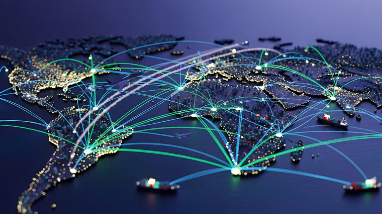 World map with glowing lines showing global trade and data connections, ships visible on oceans.