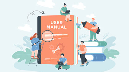 Pieniä ihmisiä luonnottoman suuren käyttöohjeen vierellä.