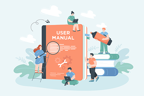 Pieniä ihmisiä luonnottoman suuren käyttöohjeen vierellä.