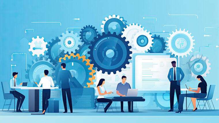 People working at desks with laptops in front of large gears, symbolizing teamwork and technology.