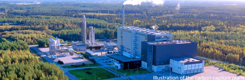 Aerial view of a large industrial facility surrounded by dense forest. The facility includes multiple buildings and tall structures, with one main building featuring a high smokestack emitting white smoke. The area is connected by paved roads and parking spaces. Text at the bottom right reads: “Illustration of the carbon capture plant.