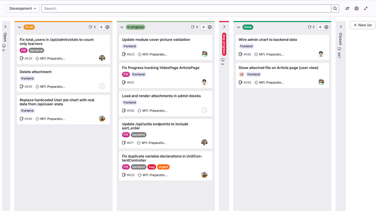A screenshot from  the GitLab Issue Board. Tasks are organized into columns labeled "To Do," "Doing," and "Done," with each card displaying a task name, assignee avatar, and priority label as well as tags indicating where they belong.