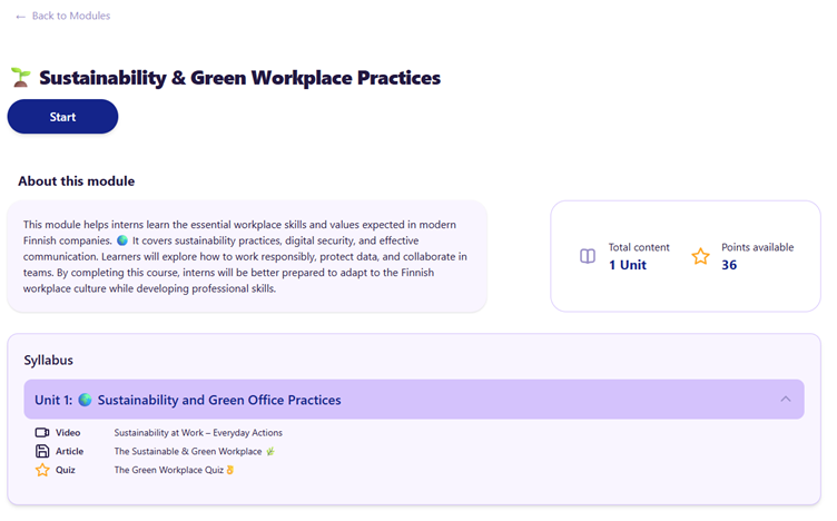 A screenshot of a course module start screen titled "Sustainability & Green Workplace Practices." It displays a brief description, learning objectives, total points available, and a prominent "Start" button above a list of lesson units.