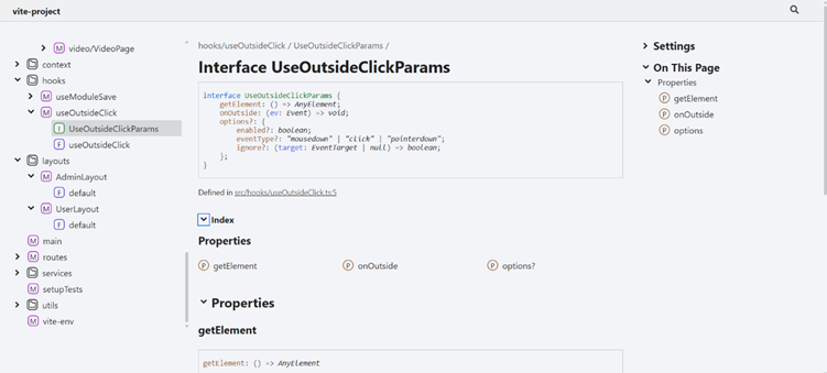 A screenshot of the generated technical documentation page for the frontend. It displays the interface definition for 'UseOutsideClickParams', detailing its properties like 'getElement', 'onOutside', and optional settings. The left sidebar shows a navigation tree of project modules, while the main content area provides code snippets and property descriptions.