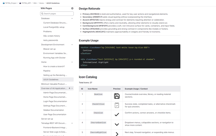 A screenshot of the 'UI/UX Guidelines' page within the GitLab Wiki. The left sidebar displays the project's documentation hierarchy. The main content area details the 'Design Rationale' with specific hex color codes (e.g., Primary #231942), provides code snippets for UI components under 'Example Usage', and presents an 'Icon Catalog' table with icon previews and usage context.