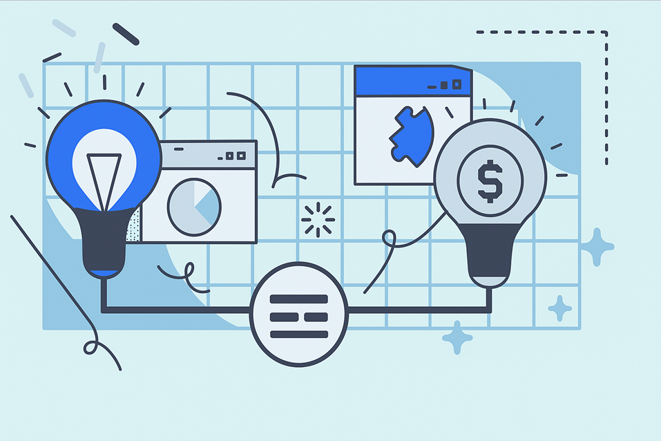 Illustration of two light bulbs connected by lines, one representing an idea and the other with a dollar sign, surrounded by charts and interface elements on a grid background.