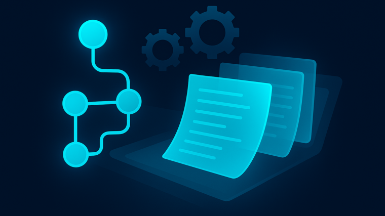 Glowing flowchart and documents with gears on a dark background.