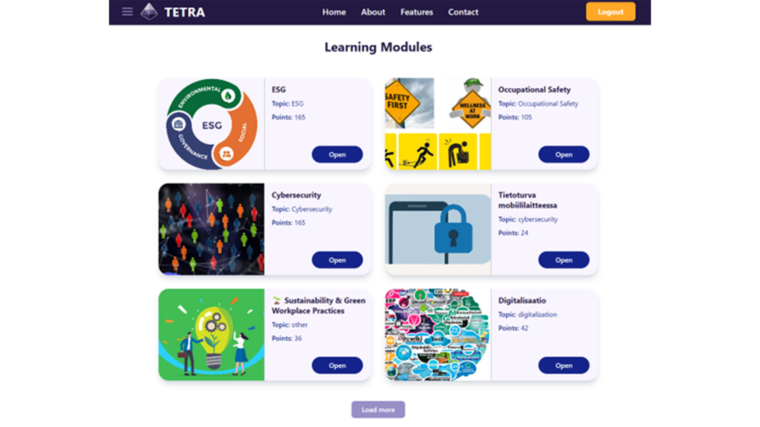 A screenshot from the TETRA application dashboard. It features a clean, blue and white interface displaying user progress bars, course module cards, and gamification statistics like points earned.